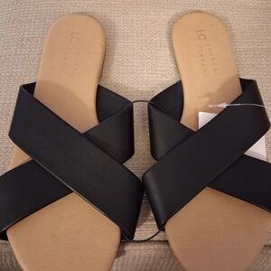 LC Lauren Conrad Black Crisscross Slide Sandals with Tan Footbed